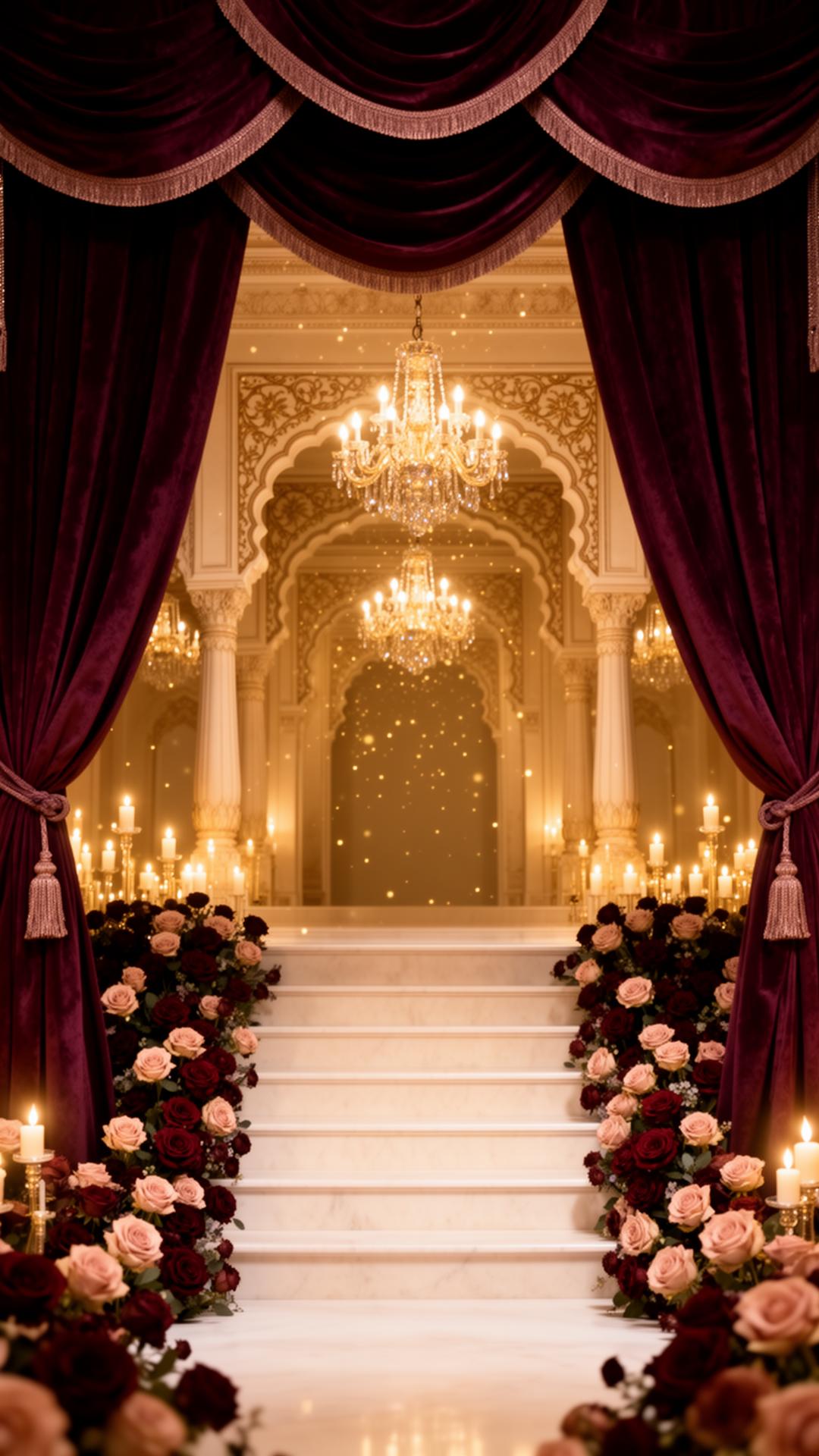 Royal Mughal wedding palace stage with burgundy curtains, chandeliers, and roses